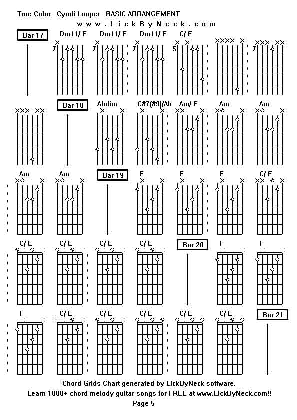 Chord Grids Chart of chord melody fingerstyle guitar song-True Color - Cyndi Lauper - BASIC ARRANGEMENT,generated by LickByNeck software.